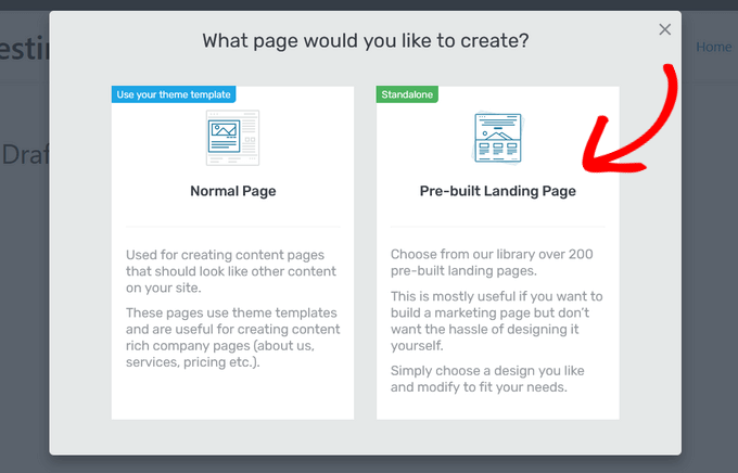 在 Thrive Architect 中選擇預構建的登錄頁面選項