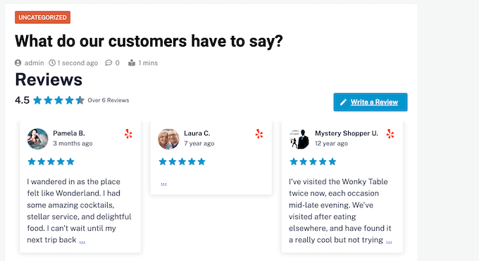 Yelp 評論示例，使用 Smash Balloon 嵌入