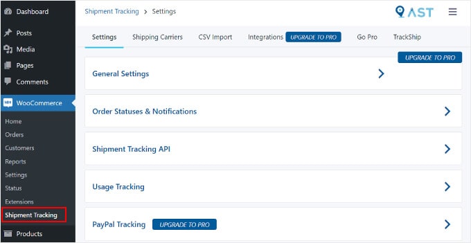在WordPress上打開Advanced Shipment Tracking插件頁面