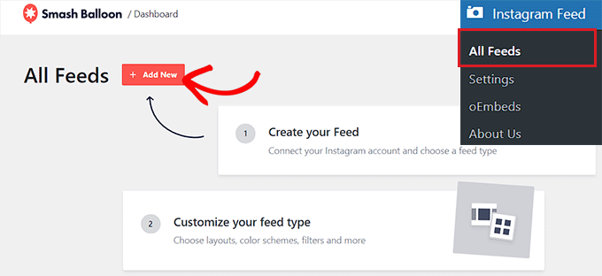 單擊“添加新”按鈕開始創(chuàng)建您的 Instagram 提要