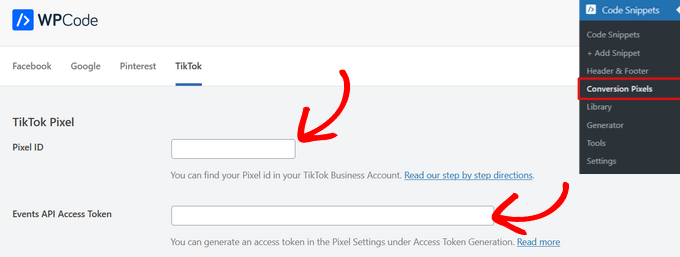 將 TikTok 像素 ID 和事件 API 訪問令牌粘貼到 WPCode 中
