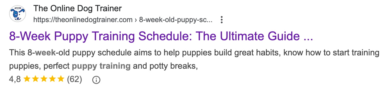 一個元描述的示例,顯示了關于小狗訓練的元描述,包括評論評分